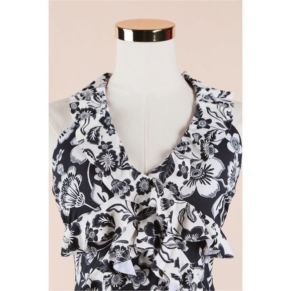 Sz L Anthropologie Maeve One Piece Swimsuit Ruffled Floral Navy & White GUC - Picture 2 of 7